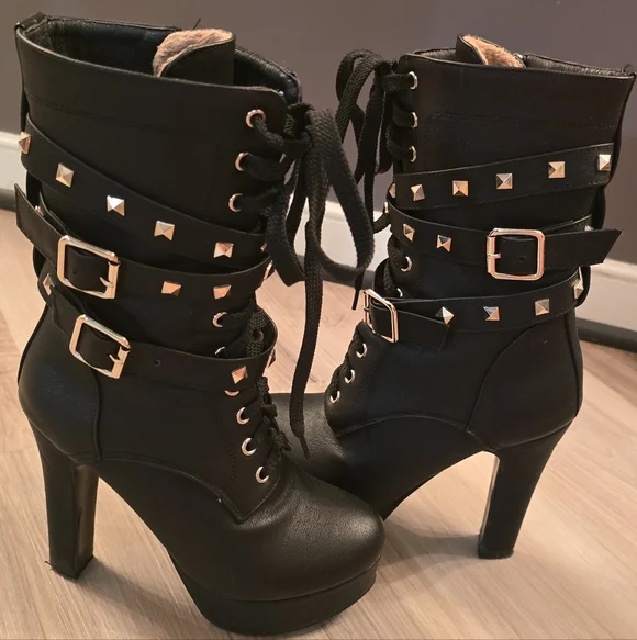 Chic Black Lace-Up Boots with Stud Accents - Picture 3 of 5